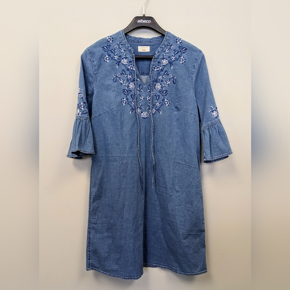 Vintage ESPRIT embroidered bell sleeve denim midi dress - Picture 1 of 3